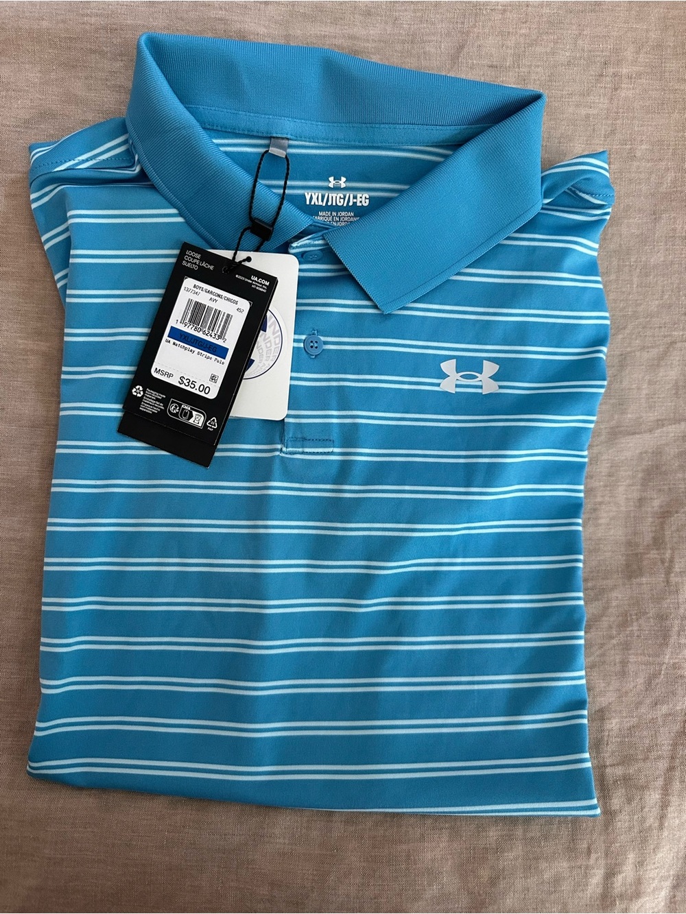 Under Armour Men’s Turquoise and White Striped Polo